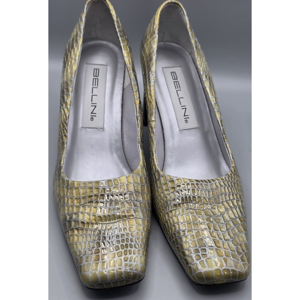 Bellini Womens 7M Gold Croc Embossed Leather Block Heel Pumps Square Toe Y2K